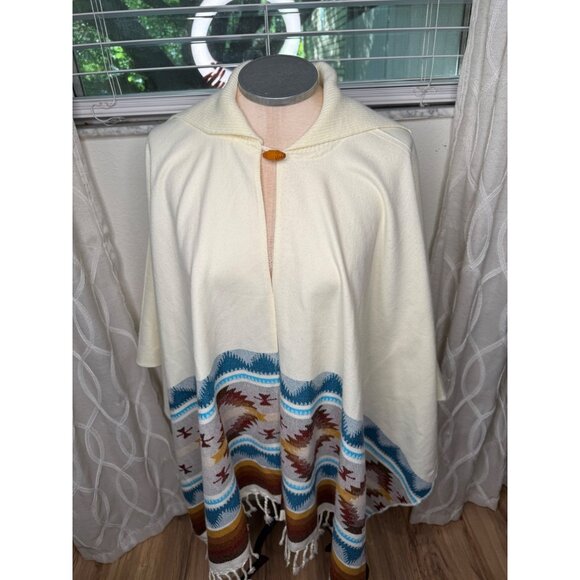 Vtg Ecuadorian Wool Cape Poncho wrap Southwest Aztec Fringe Hem festival Os htf - Picture 4 of 9